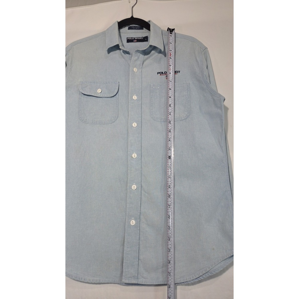 Vintage POLO Sport RALPH LAUREN Shirt Chambray Spell Out USA Flag 90s Blue Large - Picture 9 of 9